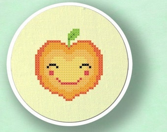 Happy Peach Cross Stitch Pattern, Fruit Modern Simple Cute Counted Cross Stitch Pattern PDF File. Instant Download