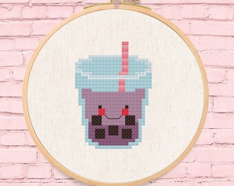 Taro Boba Cross Stitch Pattern, Boba Bubble Tea Modern Simple Cute Counted Cross Stitch PDF Pattern. Instant Download