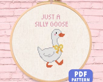 Silly Goose Cross Stitch Pattern: Funny Beginner Friendly Coquette Silly Goose Wearing Yellow Ribbon Bow Whimsical Embroidery (PDF Download)