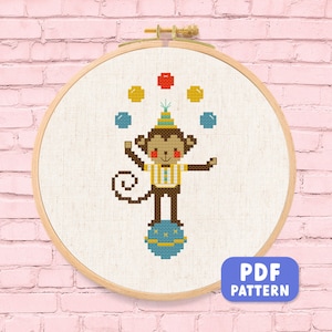 Juggling Monkey Cross Stitch Pattern. Cute Circus Animal, Modern Embroidery, Simple Cute Counted Cross Stitch Pattern PDF Instant Download