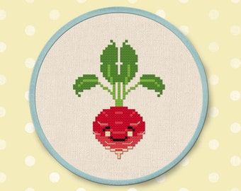 Happy Radish Cross Stitch Pattern. Vegetable Modern Simple Cute Counted Cross Stitch PDF Pattern. Instant Download
