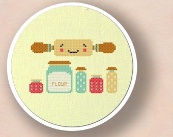 Rolling out Sweets Cross Stitch Pattern. Baking Modern Simple Cute Counted Cross Stitch PDF Pattern. Instant Download