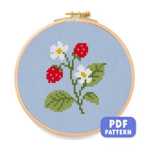 Strawberry Branch Cross Stitch Pattern: Cottagecore Fruit Embroidery (PDF Download)