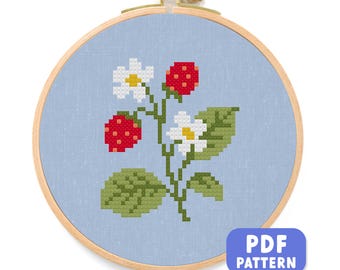 Strawberry Branch Cross Stitch Pattern: Cottagecore Fruit Embroidery (PDF Download)