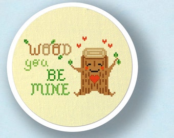 Wood You Be Mine. Cute Wood Stump Pun Cross Stitch PDF Pattern