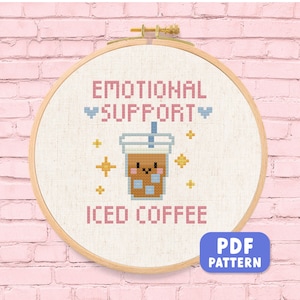 Funny Iced Coffee Cross Stitch Pattern: Beginner Friendly Emotional Support Design (PDF Download)