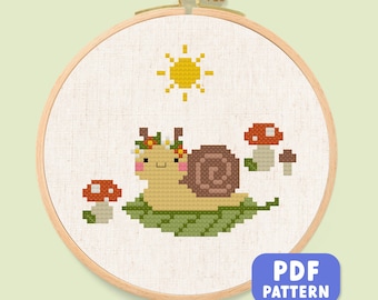 Snail Cross Stitch Pattern PDF, Cute Forest Snail with Mushroom, Cozy Sun & Flower Wreath, Whimsical Nature Cross Stitch Instant Download