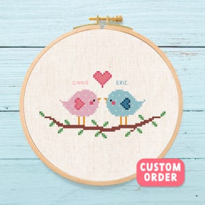 Custom Name Love Birds Cross Stitch Pattern – PDF,  Anniversary Gift, Personalized Couple Birds Pattern, DIY Wedding Gift, File Emailed