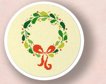 Lovely Wreath Cross Stitch Pattern. Festive Christmas Wreath Modern Simple Cute Counted Cross Stitch Pattern PDF File. Instant Download