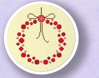 Red Ornament Wreath Cross Stitch Pattern. Christmas Modern Simple Holiday Counted Cross Stitch Pattern PDF File. Instant Download