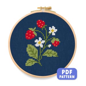 Strawberry Branch Cross Stitch Pattern: Cottagecore Fruit Embroidery (PDF Download)