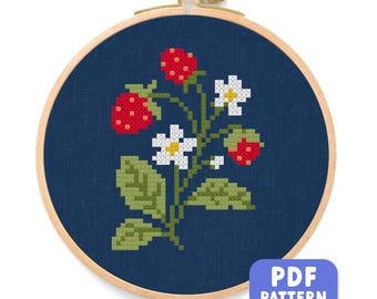 Strawberry Branch Cross Stitch Pattern: Cottagecore Fruit Embroidery (PDF Download)