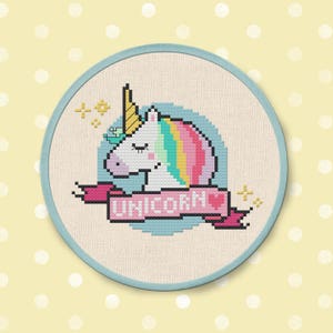 Sleepy Unicorn Cross Stitch Pattern, Modern Simple Colorful Cute Rainbow Unicorn Banner Counted Cross Stitch Pattern PDF Instant Download image 2