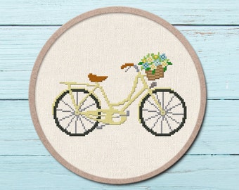 Pretty Yellow Bicycle Cross Stitch Pattern. Flower Basket Modern Simple Cute Quote Counted Cross Stitch PDF Pattern. Instant Download