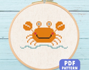 かわいいカニのクロスステッチパターンPDF、モダンな刺繍、シンプルで