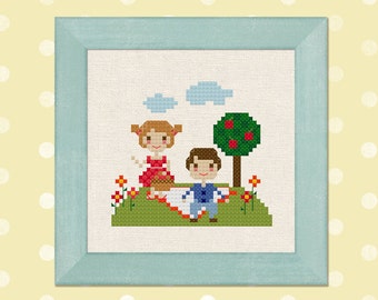 Adorable Spring Picnic Day. Girl and Boy. Modern Simple Cute Counted Cross Stitch Pattern PDF File. Instant Download