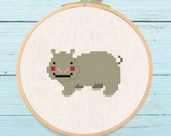 Hippo Cross Stitch Pattern, Modern Simple Cute Animal Nursery Decor Counted Cross Stitch PDF Pattern. Instant Download