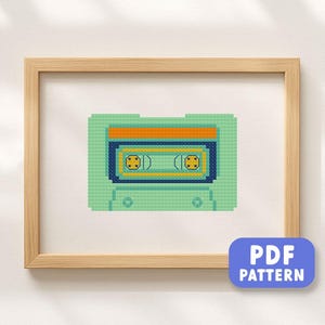 Mint Cassette Tape Cross Stitch Pattern. Modern Simple Cute Retro Mix Tape Counted Cross Stitch PDF Pattern. Instant Digital Download