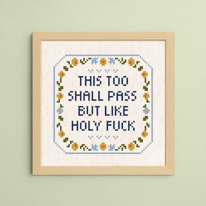 May include: Cross-stitch art in a wooden frame. The text reads "THIS TOO SHALL PASS BUT LIKE HOLY FUCK" in blue letters. The design is surrounded by a floral border with yellow and blue accents.