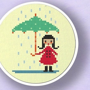 Cute Umbrella Girl. Modern Simple Cute Counted Cross Stitch PDF Pattern. Instant Download image 1