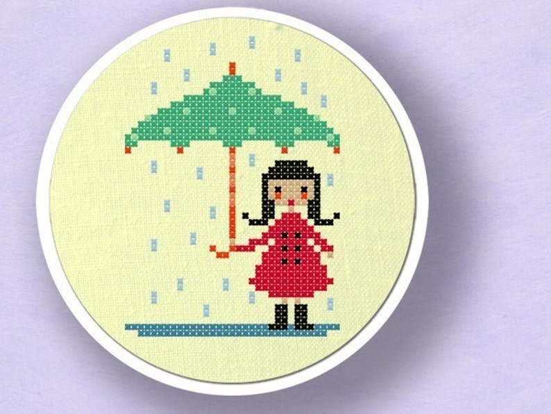 Cute Umbrella Girl. Modern Simple Cute Counted Cross Stitch PDF Pattern. Instant Download image 1