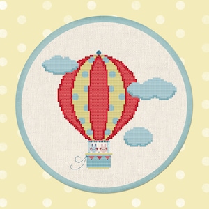 Up, Up and Away Cross Stitch Pattern. Hot Air Balloon Clouds Bunnies Modern Simple Cute Counted Cross Stitch Pattern PDF Instant Download