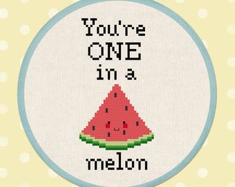 You're ONE in a melon Cross Stitch Pattern.  Watermelon Fruit Slice Pun Modern Simple Cute Cross Stitch Pattern. PDF File. Instant Download