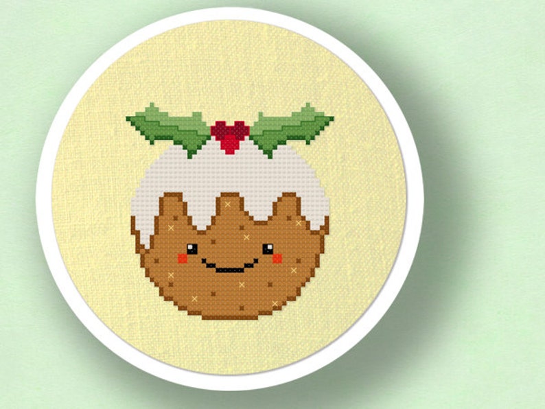 Christmas Pudding. Happy Dessert Holiday Modern Simple Cute Cross Stitch PDF Pattern. Instant Download image 1