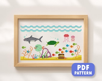Under the Sea Cross Stitch Pattern: Ocean Animals Shark, Turtle, Jellyfish, Fish Reef (PDF Download)