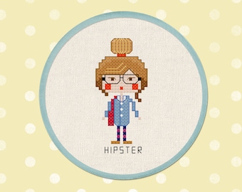 Hipster Girl Cross Stitch Pattern, Modern Simple Cute Counted Cross Stitch PDF Pattern. Instant Download