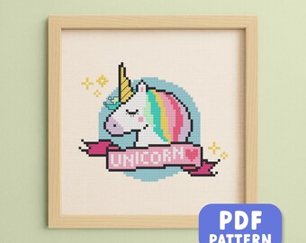 Patrón de punto de cruz de unicornio soñoliento: Banner de unicornio arcoíris (Descarga PDF)
