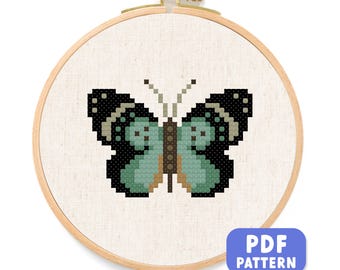 Teal Butterfly Cross Stitch Pattern: Modern Insect Embroidery (PDF Download)