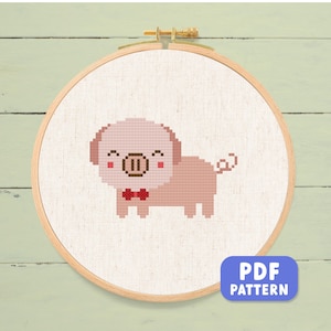 Joli motif de point de croix en forme de cochon. Broderie moderne, cochon, porcelet, animaux de la ferme, modèle PDF au point de croix compté confortable. Téléchargement numérique instantané