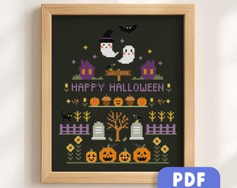 Halloween Sampler Cross Stitch Pattern: Haunted Pumpkin Patch (PDF Download)