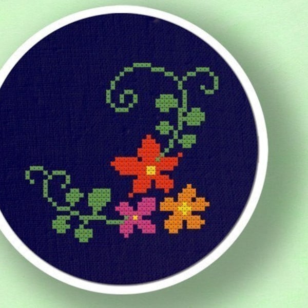 Pretty Flowers on a Vine Cross Stitch Pattern. Modern Simple Cute Counted Cross Stitch Pattern PDF File. Instant Download