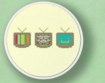 Television Cross Stitch Pattern, Set of Three Modern Simple Cute TV Counted Cross Stitch PDF Patterns. Instant Download