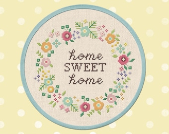 Home Sweet Home Wreath Cross Stitch Pattern. Flower Wreath, Modern Simple Cute Quote Counted Cross Stitch PDF Pattern. Instant Download