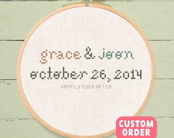 Custom Wedding Cross Stitch Pattern: Personalized Names & Date (Made to Order Pattern Emailed)