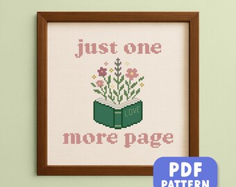 Patrón de punto de cruz "Libro y flores": Bordado "Solo una página más", fácil de usar (patrón PDF)