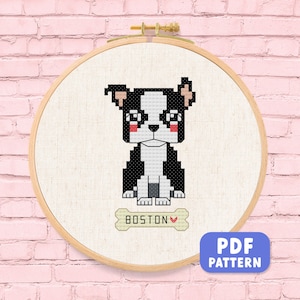 Cute Boston Terrier Cross Stitch Pattern PDF Modern Cute Dog Pet Embroidery Cross Stitch Pattern Beginner Friendly Instant Digital Download