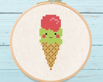 Icecream cone Cross Stitch Pattern Modern Simple Colorful Cute Ice Cream Cone Counted Cross Stitch Pattern PDF Instant Download