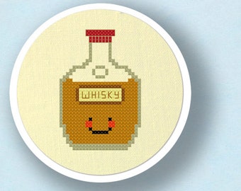 Happy Whisky Bottle Cross Stitch Pattern, Modern Simple Cute Whiskey Counted Cross Stitch Pattern PDF File. Instant Download
