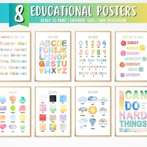 Set of 8 Watercolor Educational Posters | Classroom Decor | Nursery Art | Kids Room Decor | Learning Posters | Montessori Downloadable Print