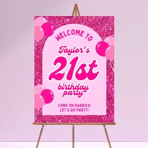 Pink Doll Birthday Party Sign | Pink Party Decor | Editable 21st Birthday Welcome Sign | Printable Canva Template