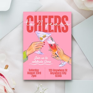 Pink Cocktails Birthday Invitation | Editable 21st Birthday Party Invite | Printable Canva Template