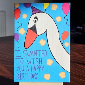 Carte d'anniversaire drôle de cygne - Jeu de mots surréaliste avec du pain pluie et des ballons - Pour les amis, les ennemis et les anniversaires étranges