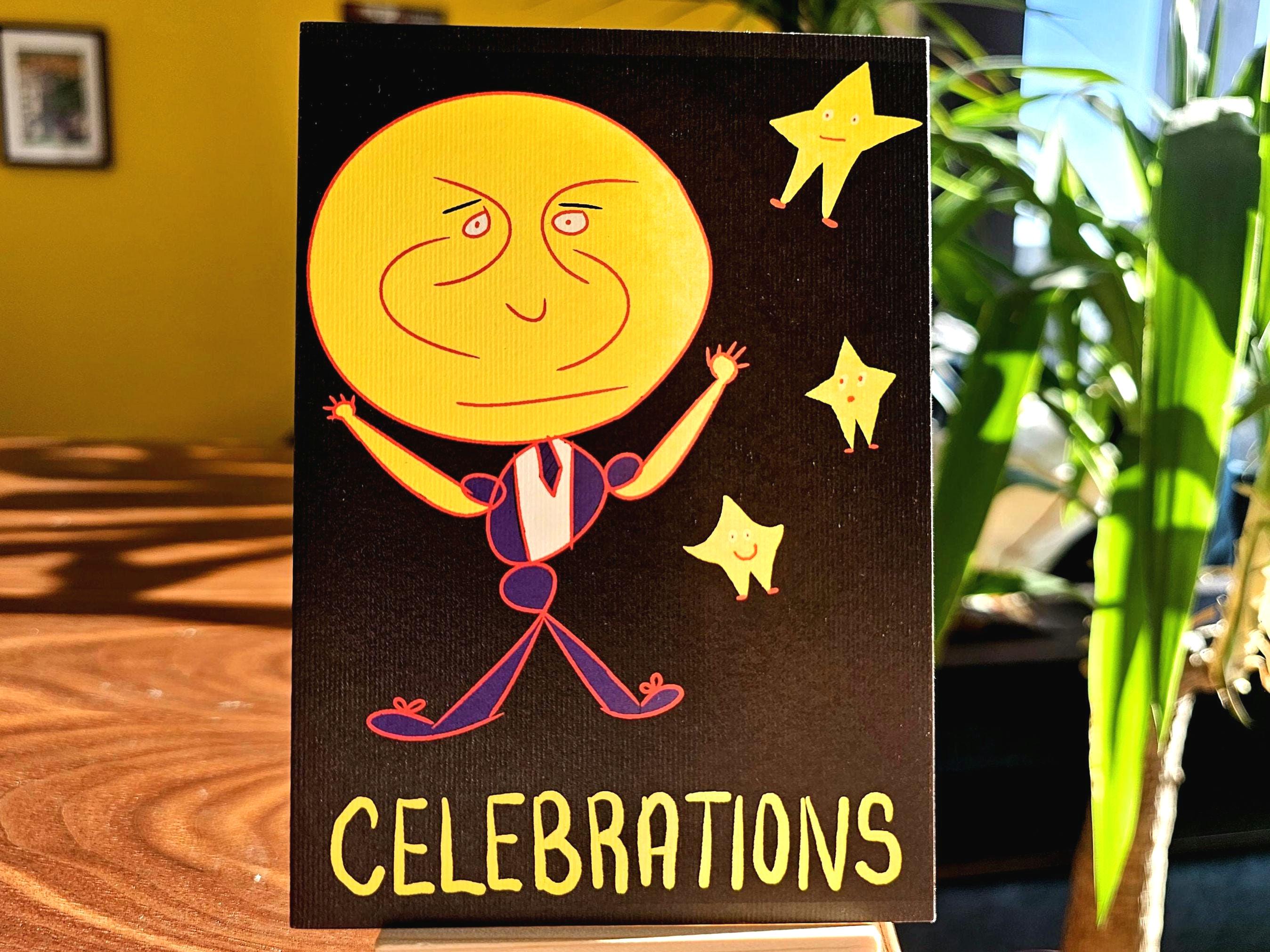 Funny Moon Birthday Card: Celestial Celebrations Arty Card