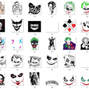 May include: Collection of various graphic designs featuring the Joker character. The images showcase different artistic styles, including portraits, illustrations, and text-based designs. The color palette includes black, white, red, green, and purple.