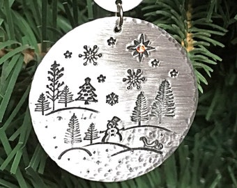 Hand stamped metal winter tree and snowman scene Christmas ornament with 2018 date