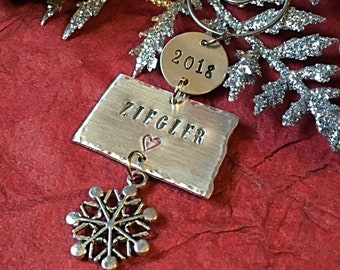 North Dakota Hand Stamped Personalized Metal Christmas Ornament with Name and Date